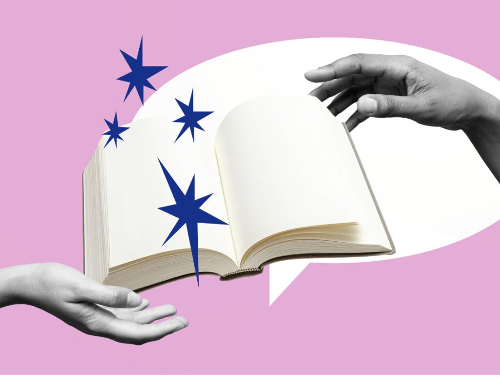 Zwei Hände halten ein offenes Buch, aus dem blaue Sterne aufsteigen. Die Komposition ist auf einem rosa Hintergrund platziert.